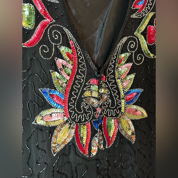 Vintage Black Beaded Sequin Cocktail Dress | Floral Art Deco Embellished Sheath - Picture 14 of 16
